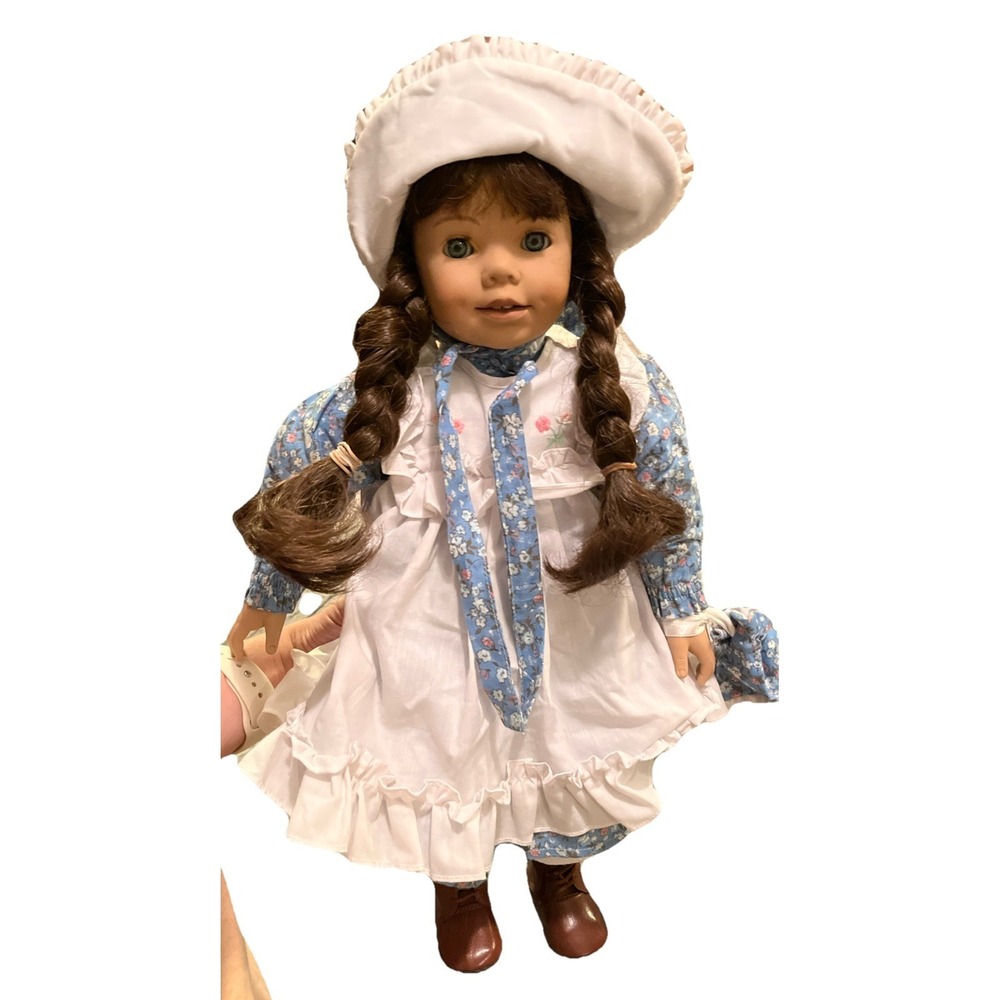Heidi Ott Vinyl Doll Brunette Braids Blue Eyes Blue Floral Dress White Pinafore